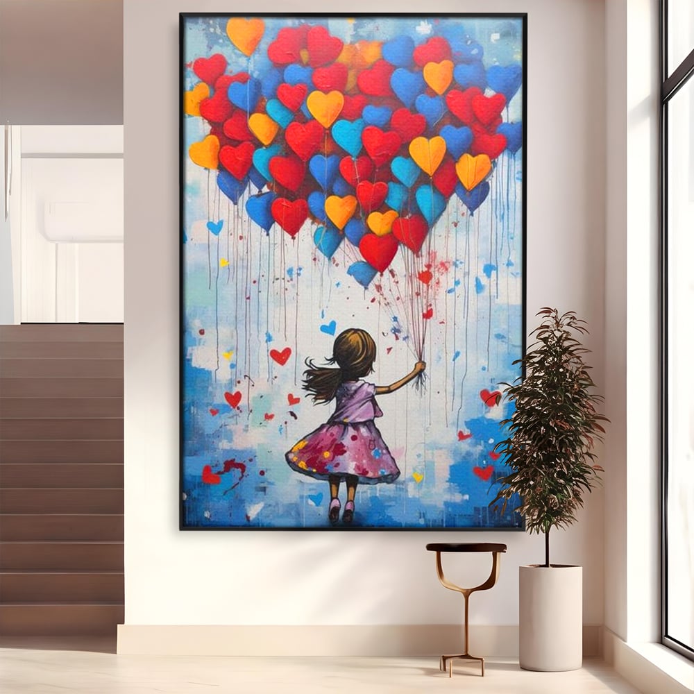 Tablou canvas cu tablou canvas cu fetita si baloane in forma de inima, in rama de aluminiu negru