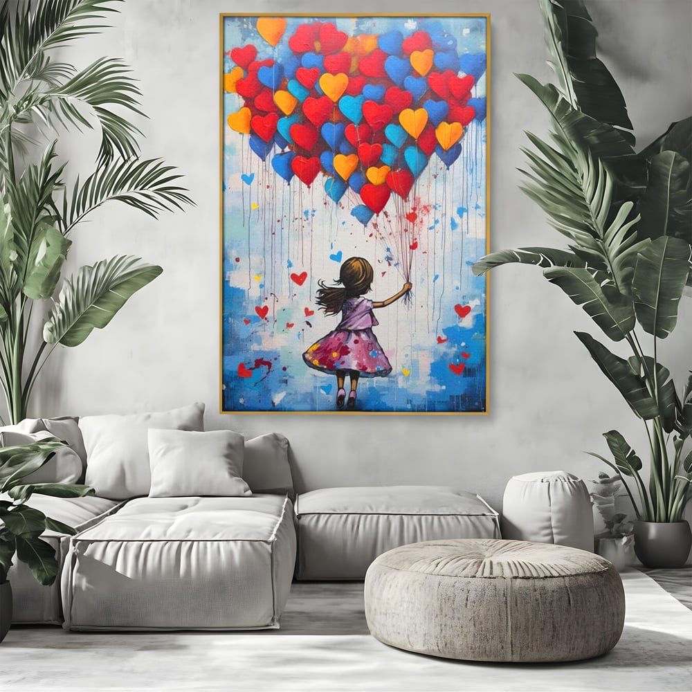 Tablou canvas cu tablou canvas cu fetita si baloane in forma de inima, in rama de aluminiu auriu, pe perete intr-un living