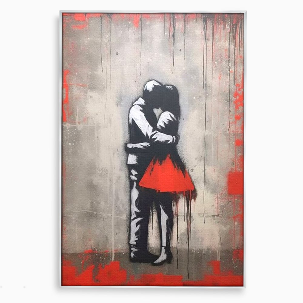 Tablou canvas cu tablou canvas cu doi indragostiti imbratisati, in rama de aluminiu argintiu
