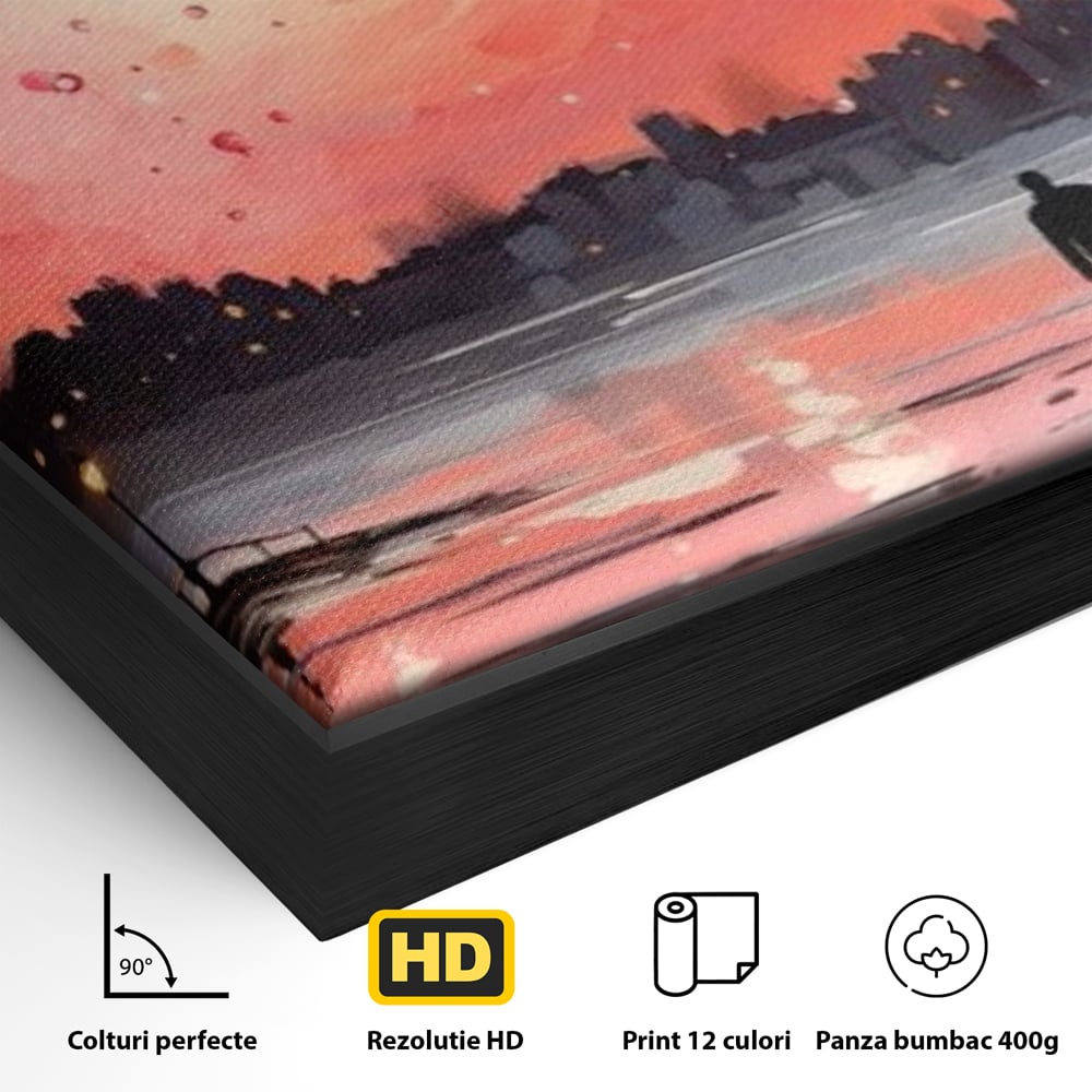 Detaliu al suprafetei: tablou canvas cuplu pe faleza la apus rosu, in rama de aluminiu negru