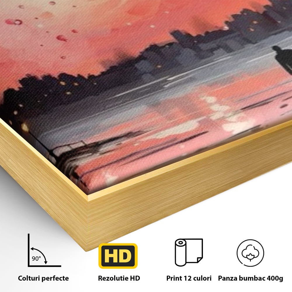 Detaliu al suprafetei: tablou canvas cuplu pe faleza la apus rosu, in rama de aluminiu auriu