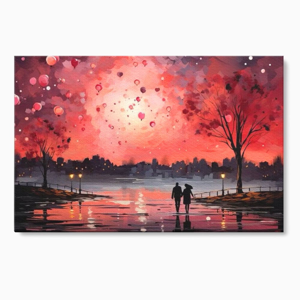 Tablou canvas cu tablou canvas cuplu pe faleza la apus rosu, fara rama, pe sasiu de lemn