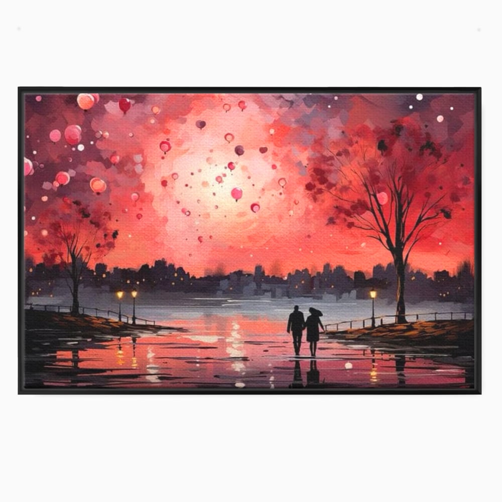 Tablou canvas cu tablou canvas cuplu pe faleza la apus rosu, in rama de aluminiu negru