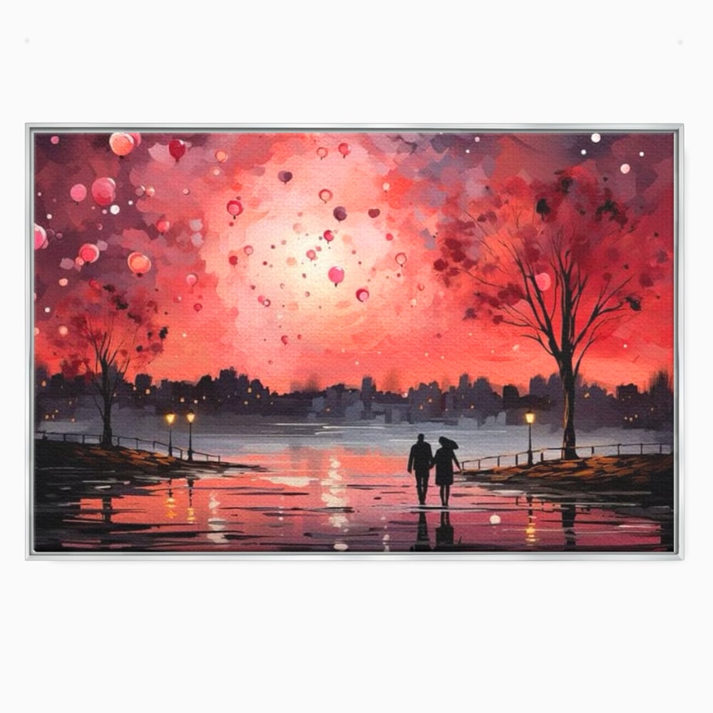 Tablou canvas cu tablou canvas cuplu pe faleza la apus rosu, in rama de aluminiu argintiu