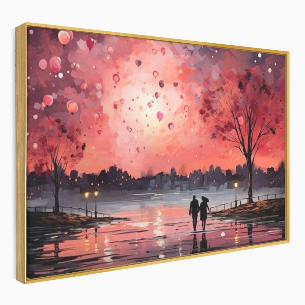Tablou canvas cu tablou canvas cuplu pe faleza la apus rosu, in rama de aluminiu auriu