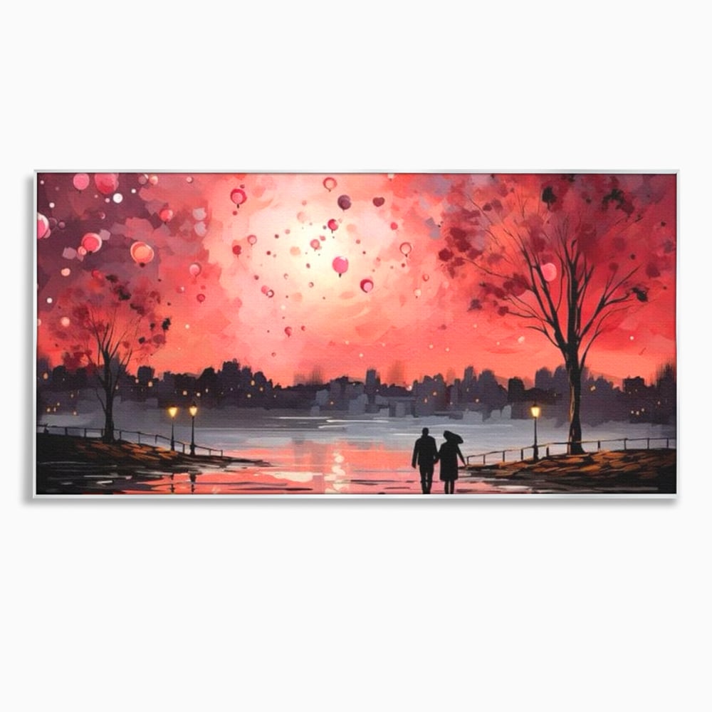 Tablou canvas cu tablou canvas cuplu pe faleza la apus rosu, in rama de aluminiu argintiu