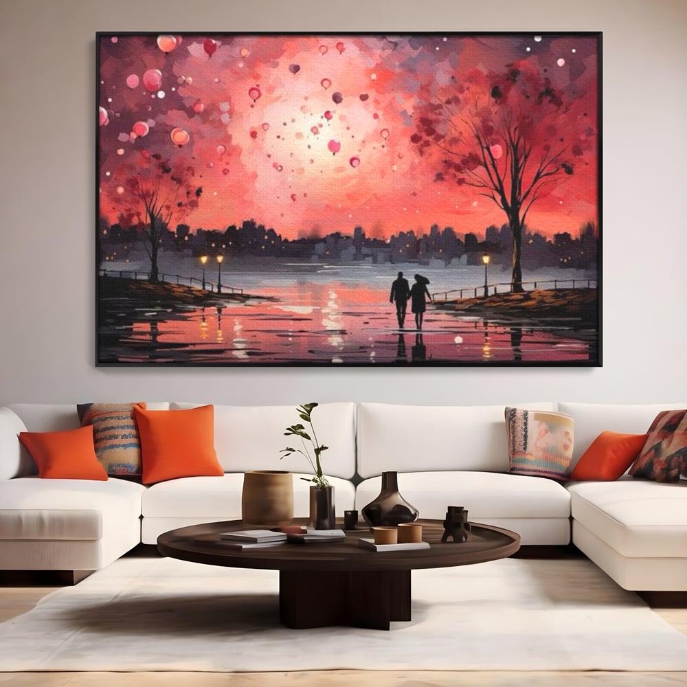Tablou canvas cu tablou canvas cuplu pe faleza la apus rosu, in rama de aluminiu negru, pe perete intr-un living