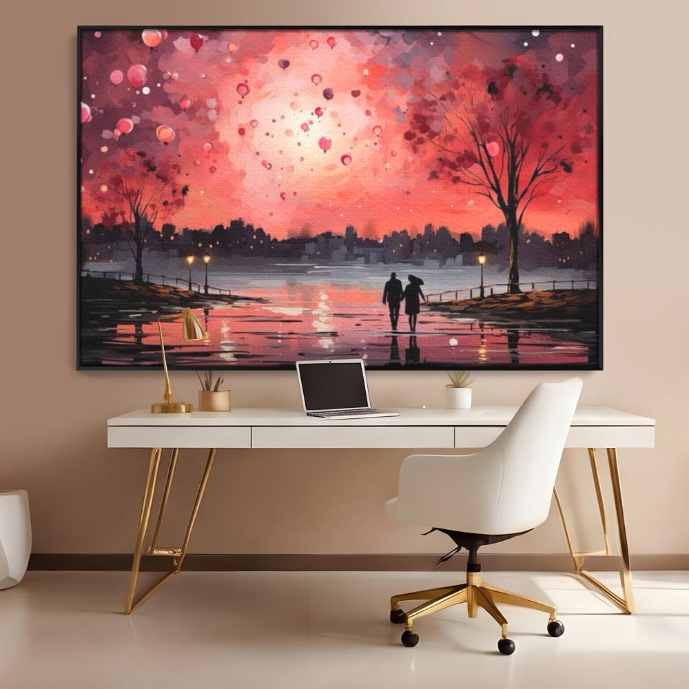 Tablou canvas cu tablou canvas cuplu pe faleza la apus rosu, in rama de aluminiu negru, pe perete intr-un birou