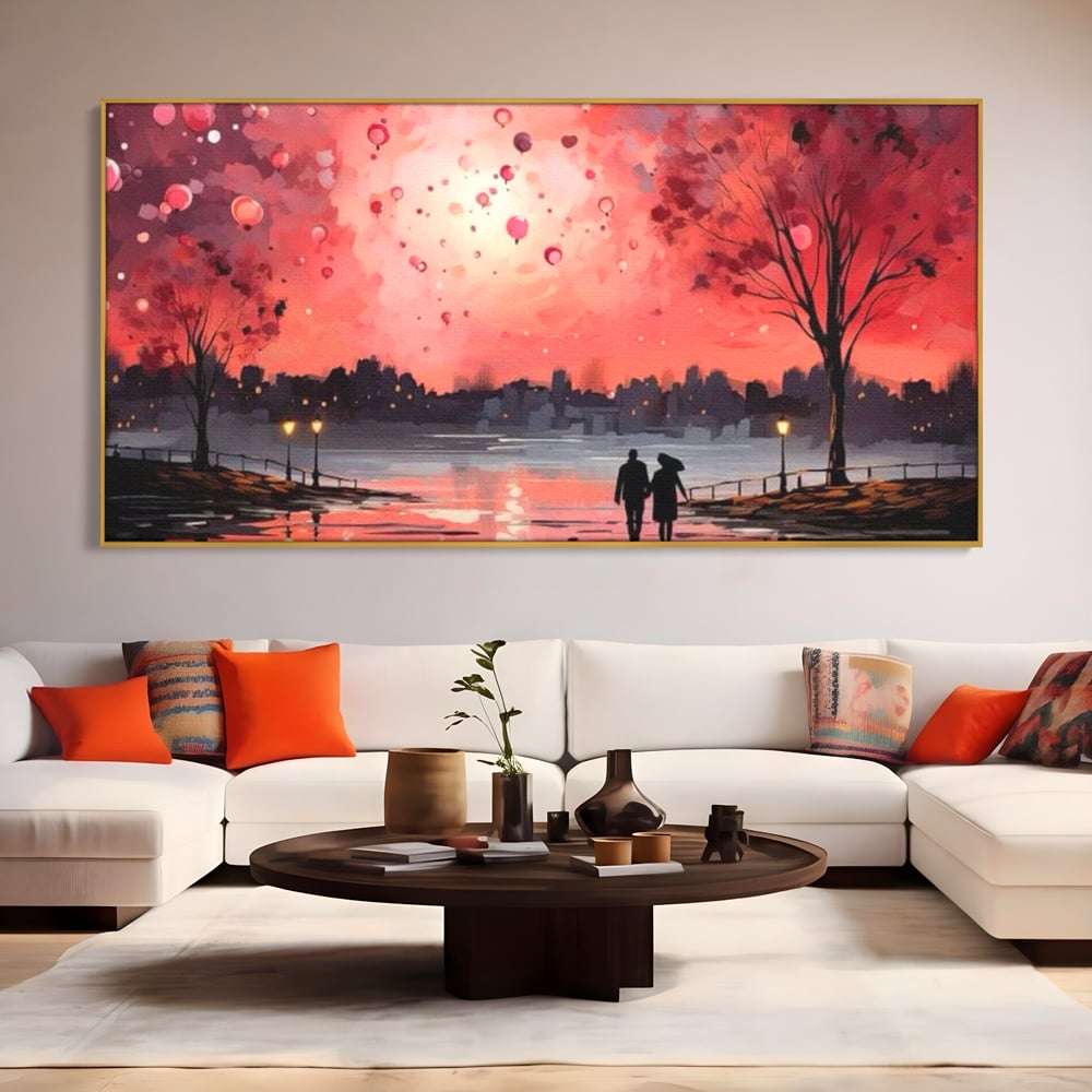 Tablou canvas cu tablou canvas cuplu pe faleza la apus rosu, in rama de aluminiu auriu, pe perete intr-un living