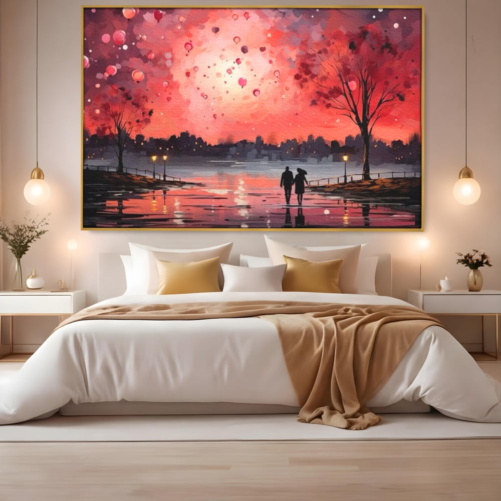 Tablou canvas cu tablou canvas cuplu pe faleza la apus rosu, in rama de aluminiu auriu, pe perete intr-un dormitor