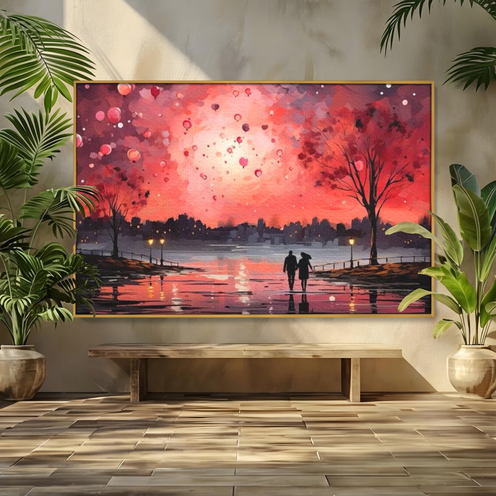Tablou canvas cu tablou canvas cuplu pe faleza la apus rosu, in rama de aluminiu auriu