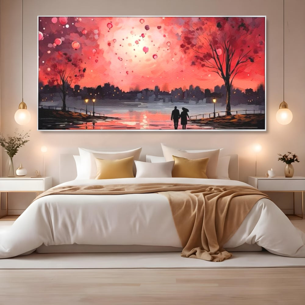 Tablou canvas cu tablou canvas cuplu pe faleza la apus rosu, in rama de aluminiu argintiu, pe perete intr-un dormitor