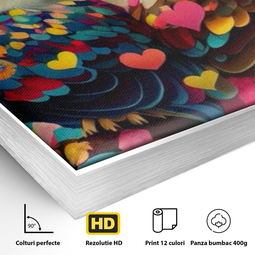 Detaliu al suprafetei: tablou canvas cu doua bufnite colorate si inimi, in rama de aluminiu argintiu