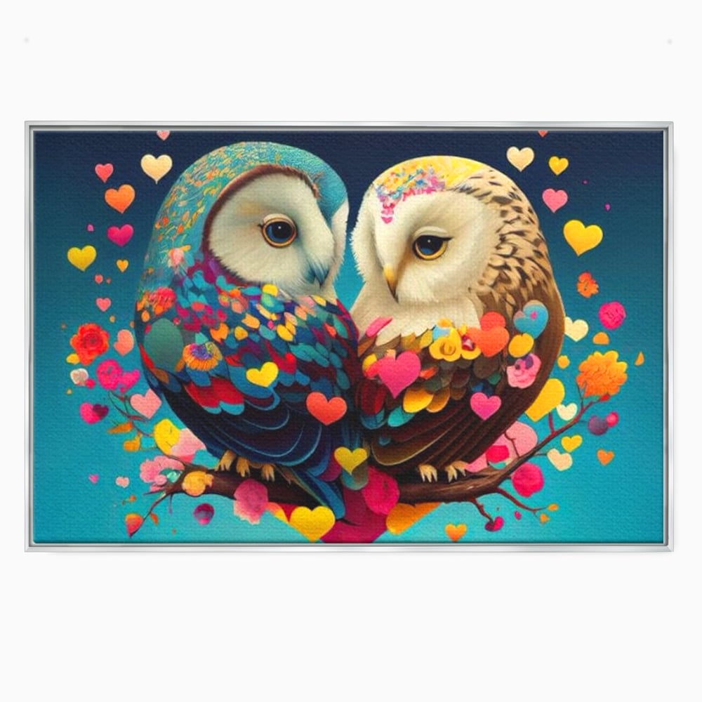 Tablou canvas cu tablou canvas cu doua bufnite colorate si inimi, in rama de aluminiu argintiu