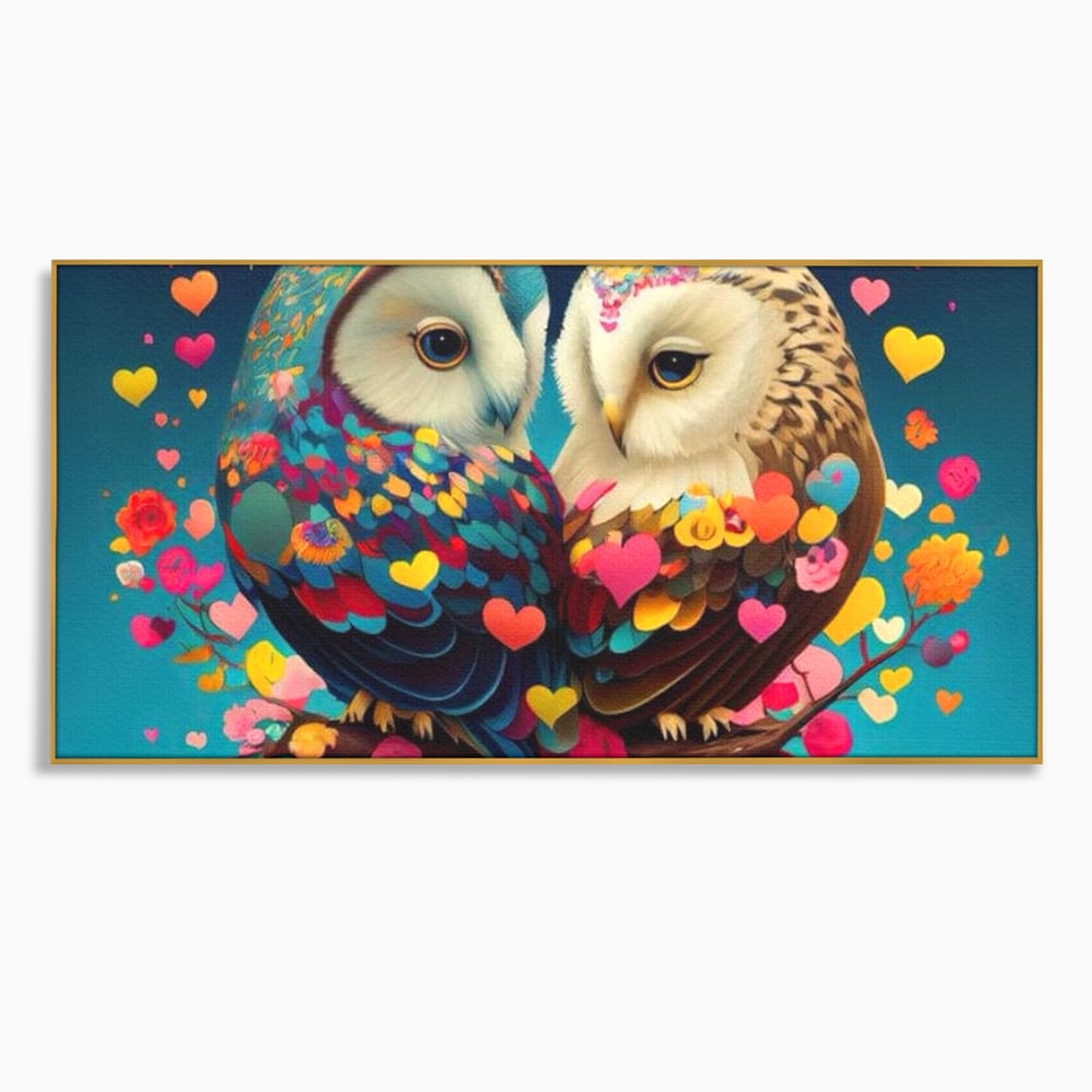 Tablou canvas cu tablou canvas cu doua bufnite colorate si inimi, in rama de aluminiu auriu