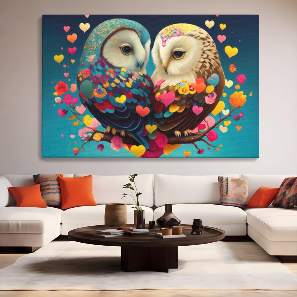 Tablou canvas cu tablou canvas cu doua bufnite colorate si inimi, fara rama, pe sasiu de lemn, pe perete intr-un living