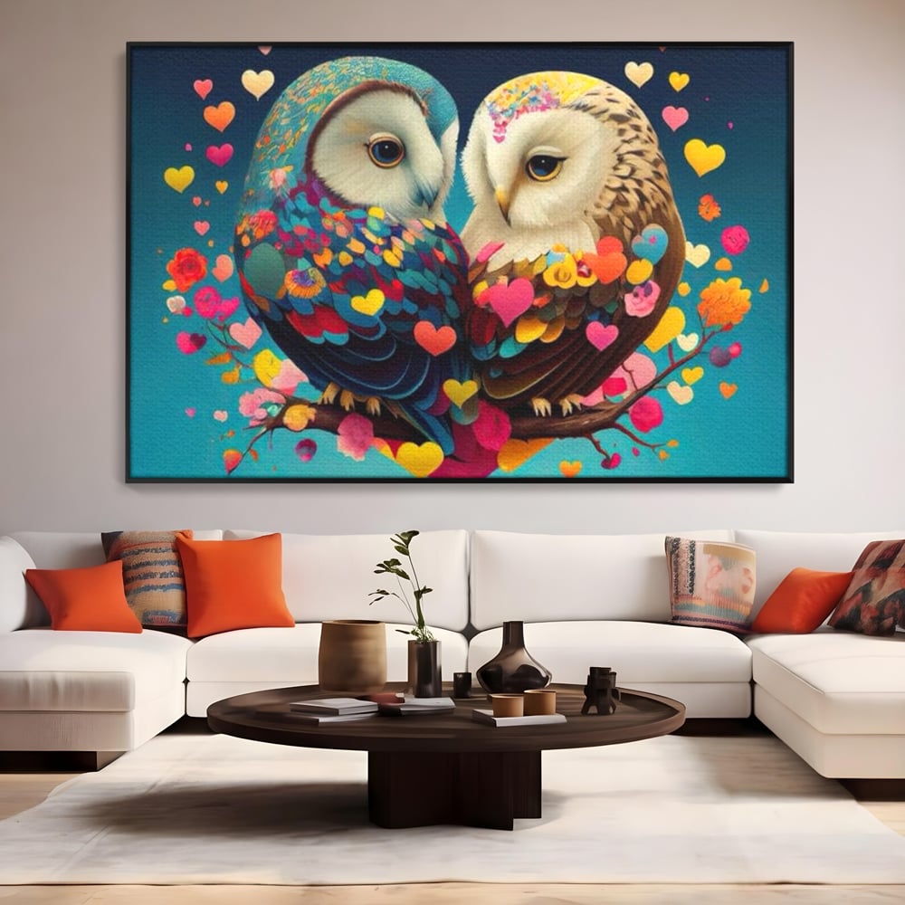 Tablou canvas cu tablou canvas cu doua bufnite colorate si inimi, in rama de aluminiu negru, pe perete intr-un living