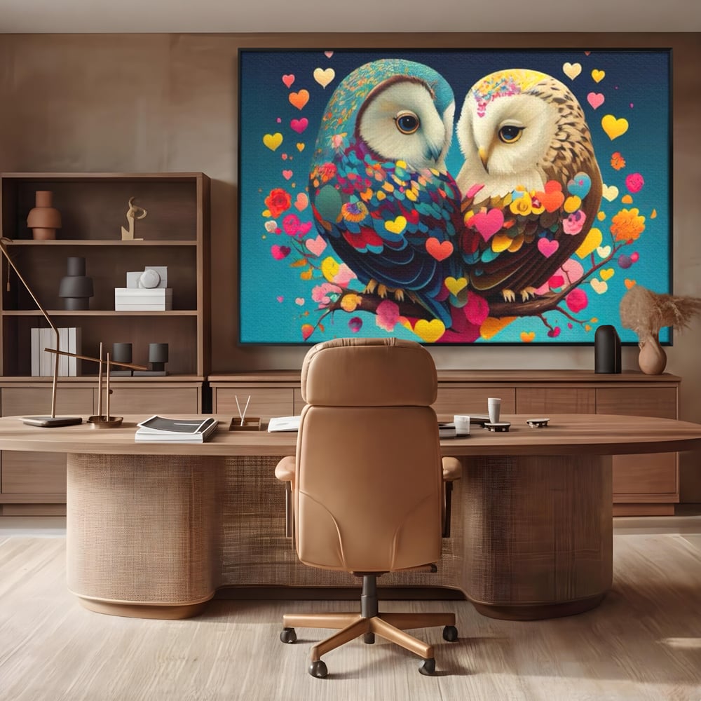 Tablou canvas cu tablou canvas cu doua bufnite colorate si inimi, in rama de aluminiu negru, pe perete intr-un birou