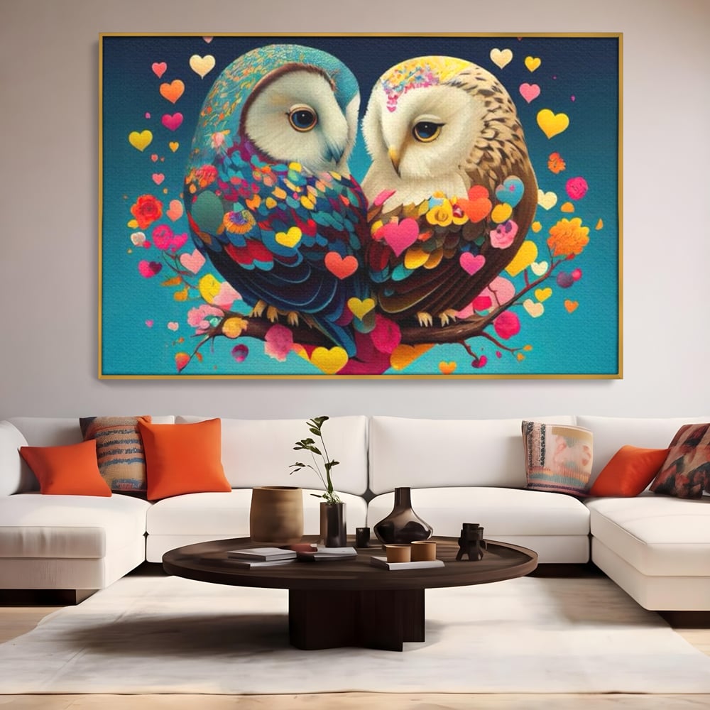 Tablou canvas cu tablou canvas cu doua bufnite colorate si inimi, in rama de aluminiu auriu, pe perete intr-un living