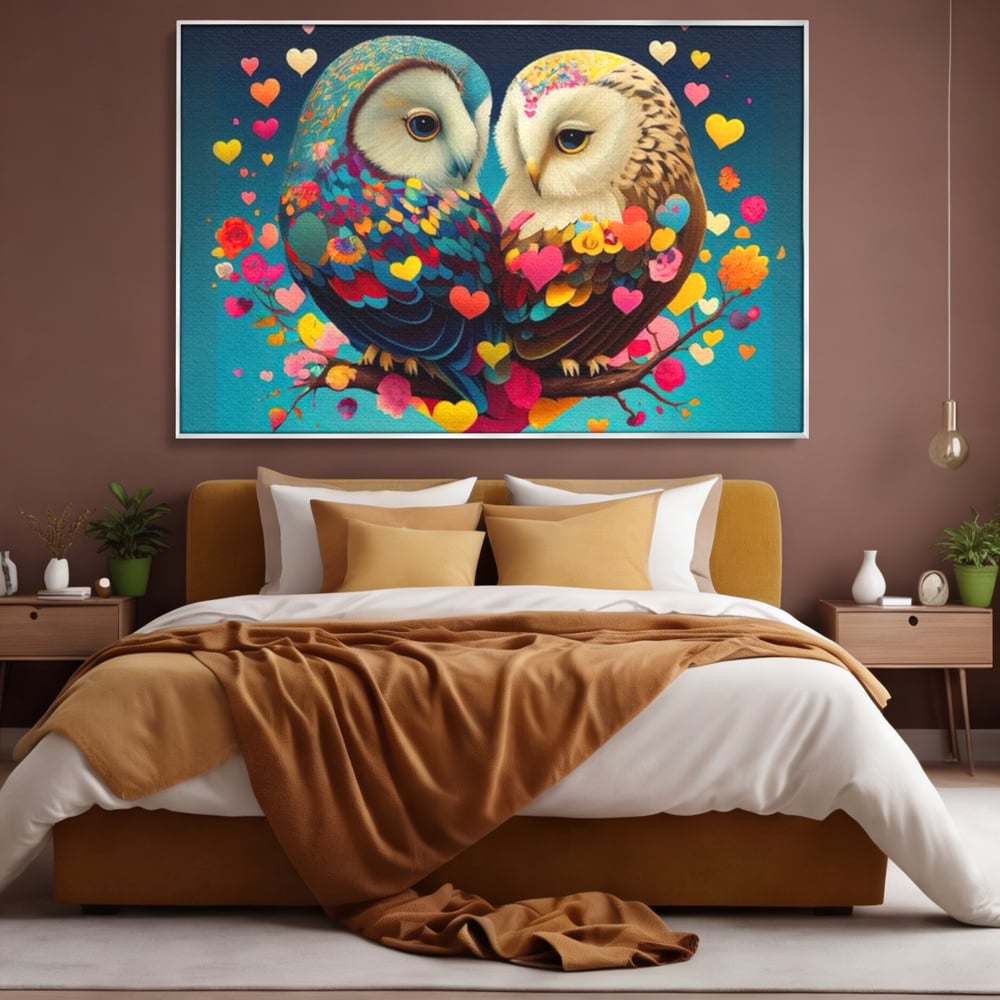 Tablou canvas cu tablou canvas cu doua bufnite colorate si inimi, in rama de aluminiu argintiu, pe perete intr-un dormitor