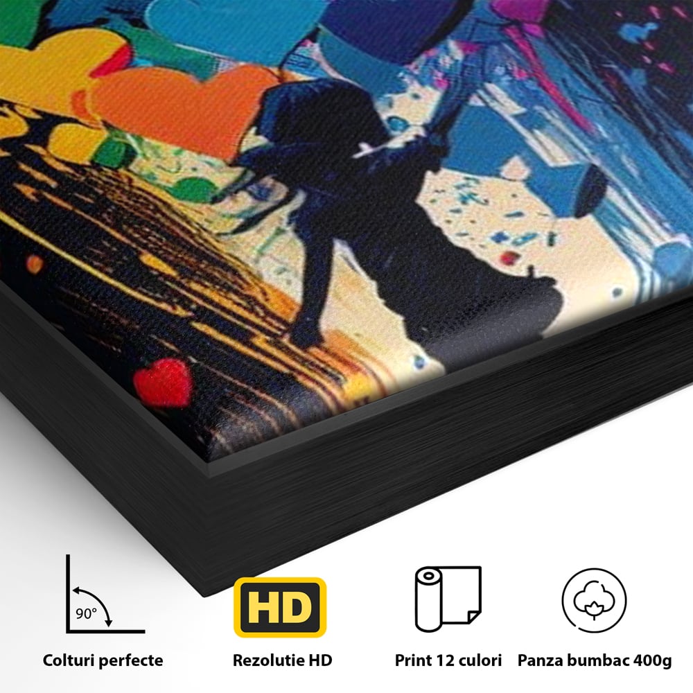 Detaliu al suprafetei: tablou canvas cu silueta si inimi colorate, in rama de aluminiu negru