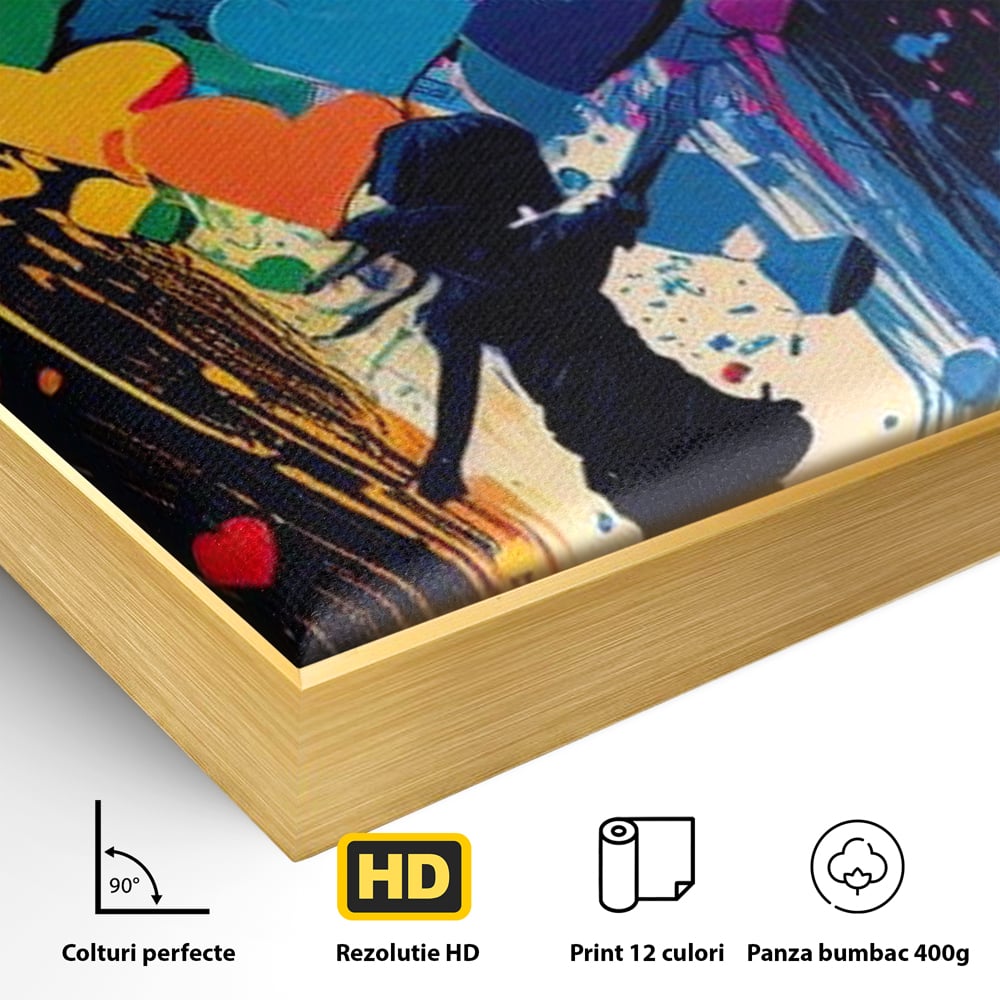 Detaliu al suprafetei: tablou canvas cu silueta si inimi colorate, in rama de aluminiu auriu