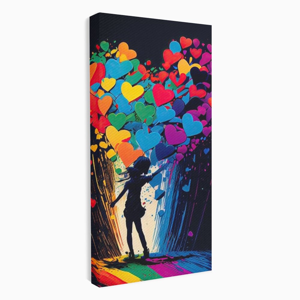 Tablou canvas cu tablou canvas cu silueta si inimi colorate, fara rama, pe sasiu de lemn