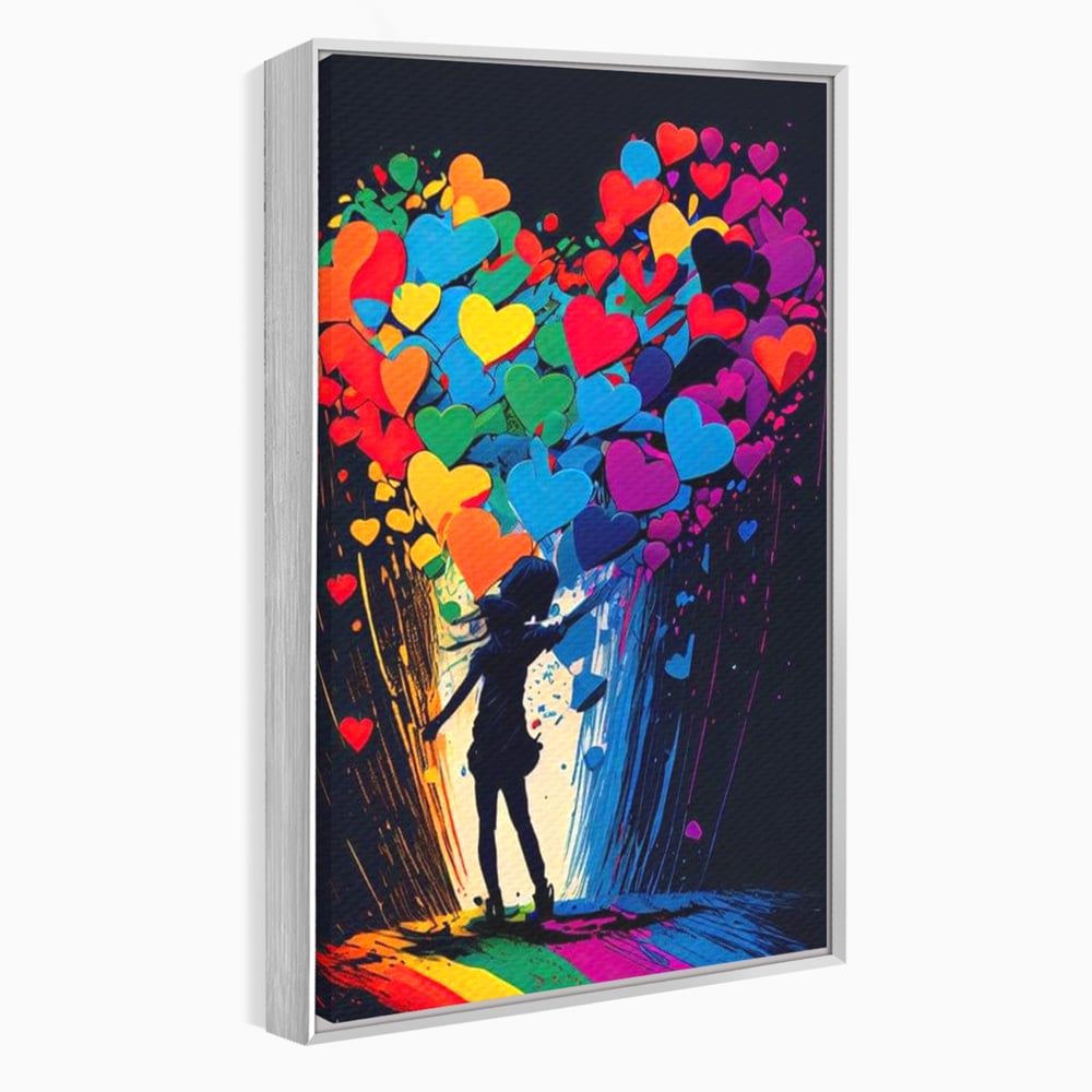 Tablou canvas cu tablou canvas cu silueta si inimi colorate, in rama de aluminiu argintiu