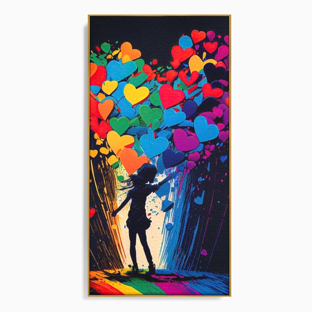 Tablou canvas cu tablou canvas cu silueta si inimi colorate, in rama de aluminiu auriu