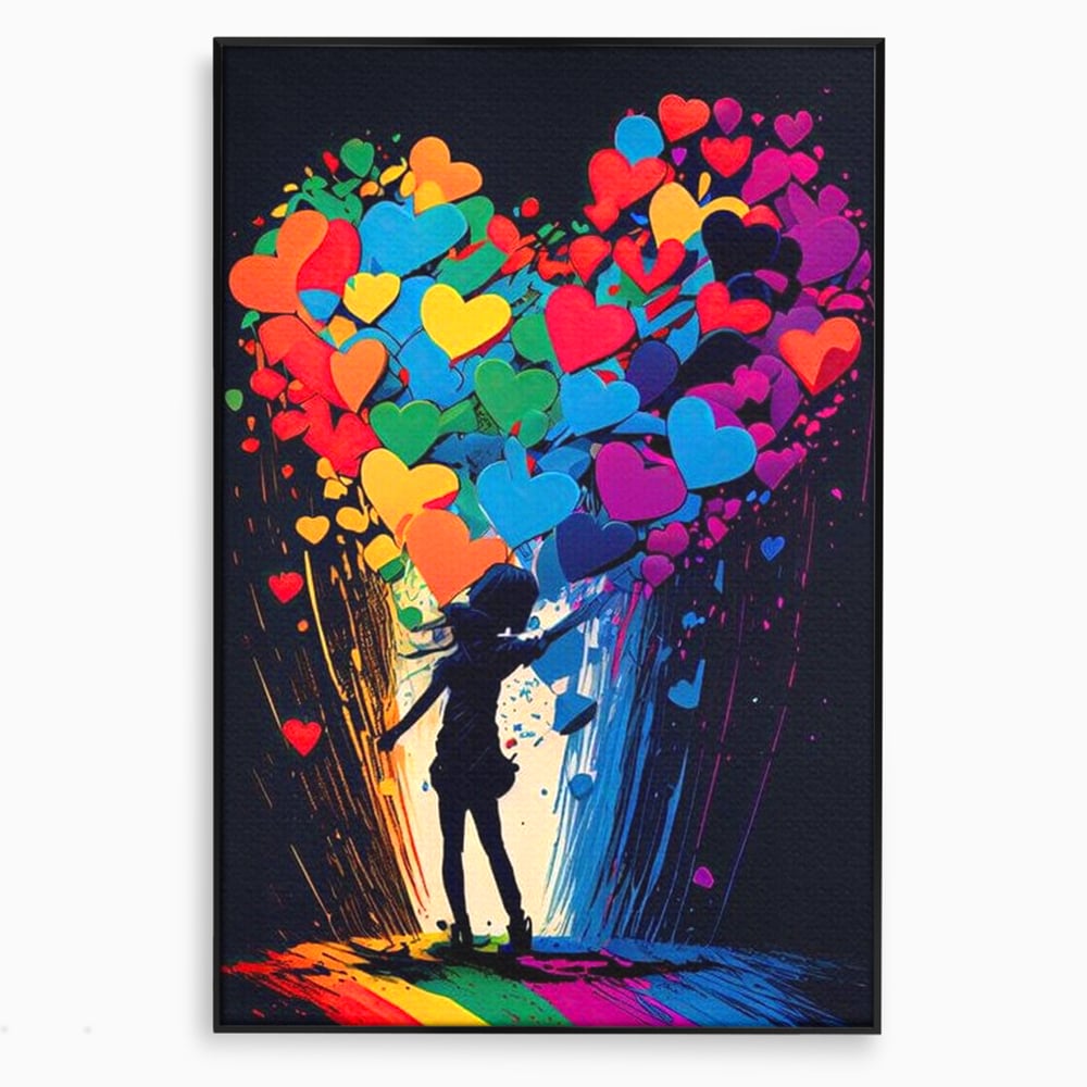 Tablou canvas cu tablou canvas cu silueta si inimi colorate, in rama de aluminiu negru