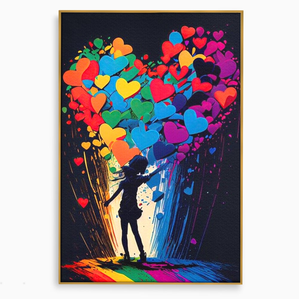 Tablou canvas cu tablou canvas cu silueta si inimi colorate, in rama de aluminiu auriu