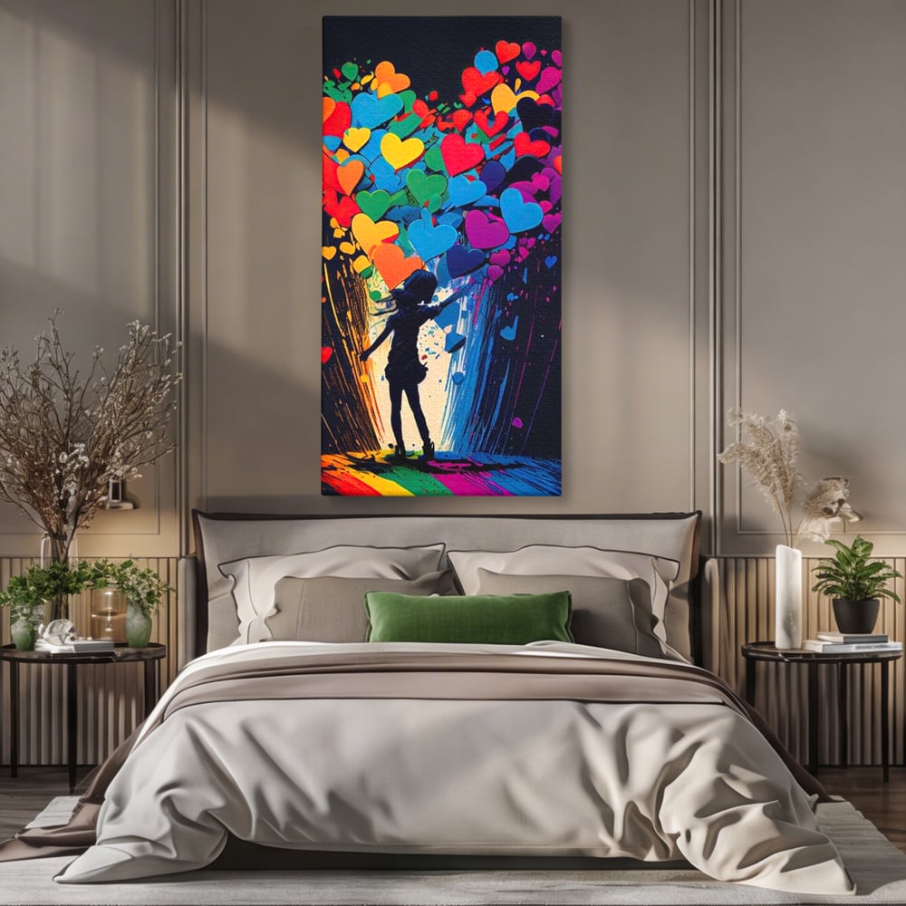 Tablou canvas cu tablou canvas cu silueta si inimi colorate, fara rama, pe sasiu de lemn, pe perete intr-un dormitor