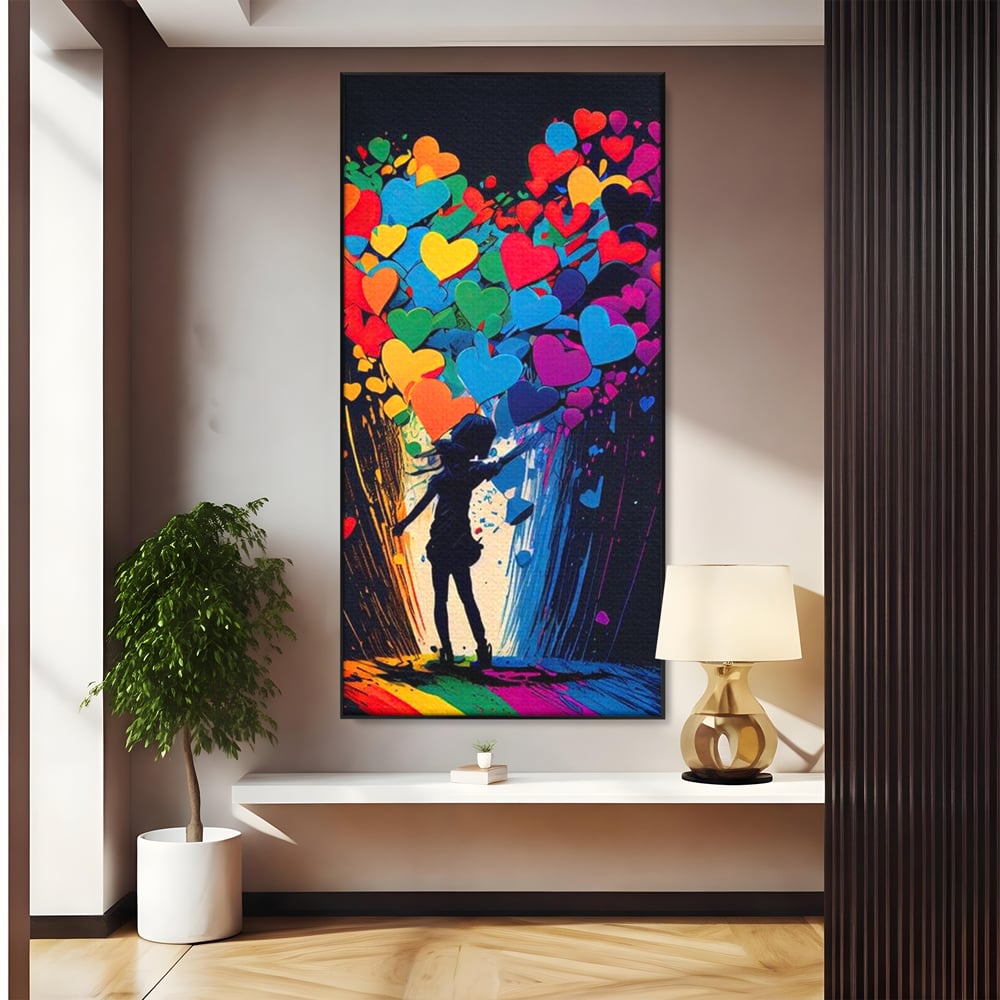 Tablou canvas cu tablou canvas cu silueta si inimi colorate, in rama de aluminiu negru