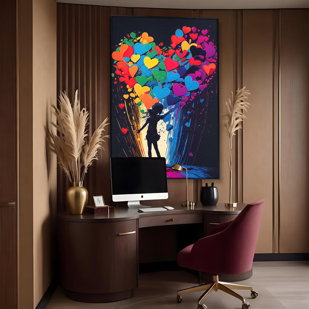 Tablou canvas cu tablou canvas cu silueta si inimi colorate, in rama de aluminiu negru, pe perete intr-un birou