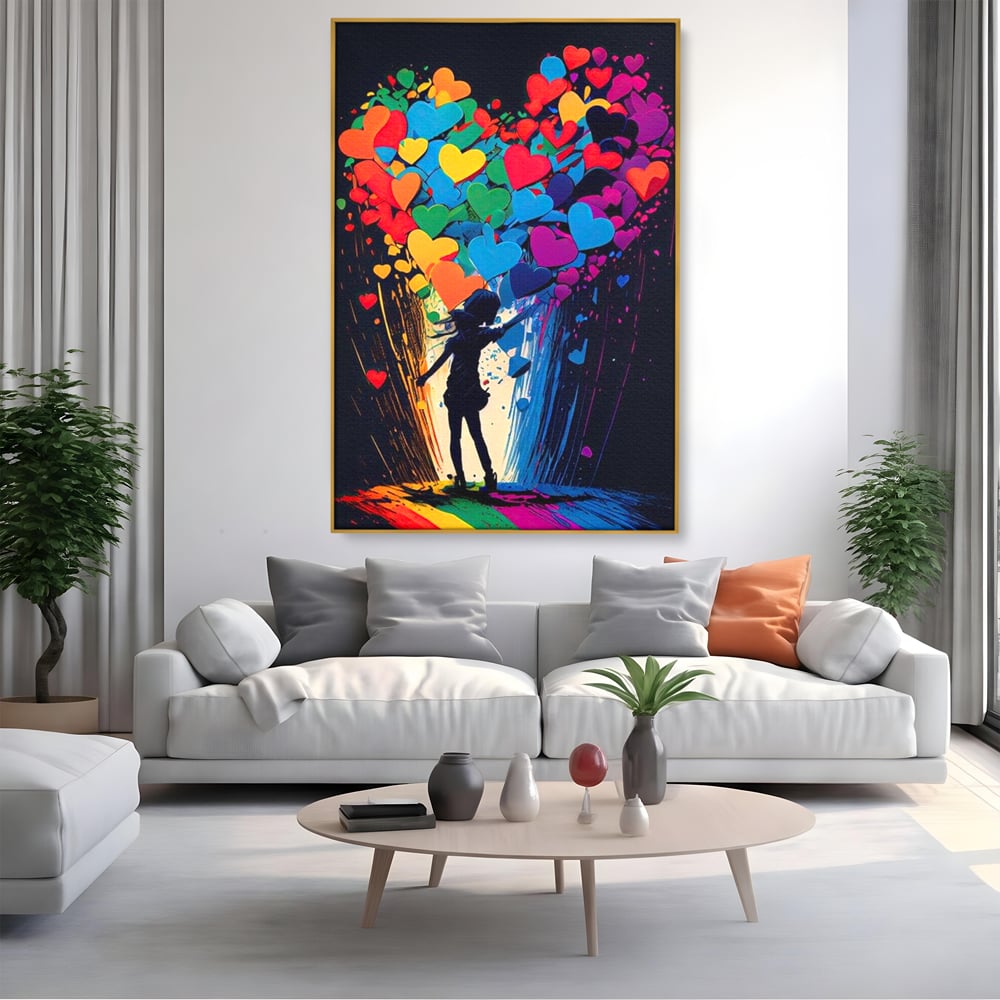 Tablou canvas cu tablou canvas cu silueta si inimi colorate, in rama de aluminiu auriu, pe perete intr-un living