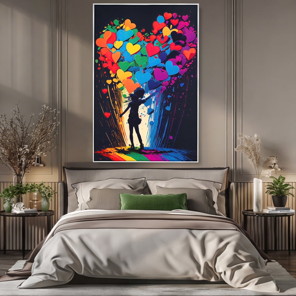 Tablou canvas cu tablou canvas cu silueta si inimi colorate, in rama de aluminiu argintiu, pe perete intr-un dormitor