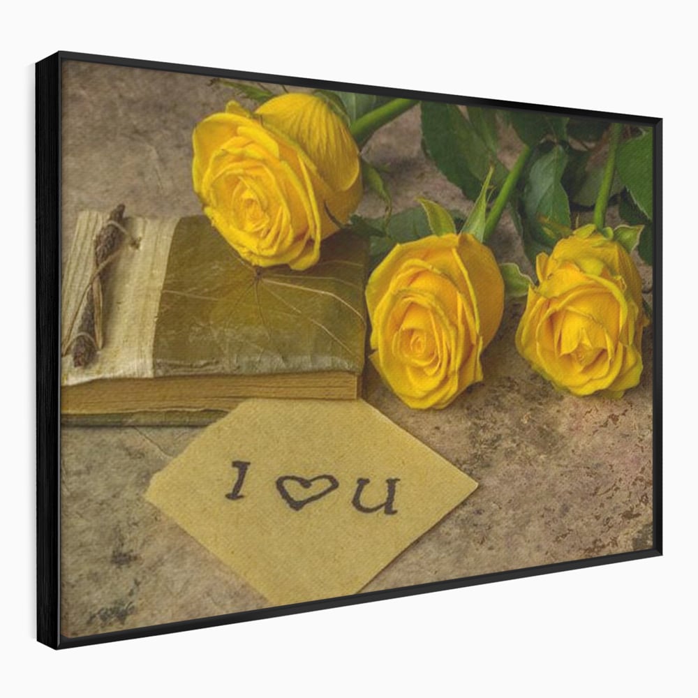 Tablou canvas cu tablou canvas cu trandafiri galbeni si jurnal, in rama de aluminiu negru