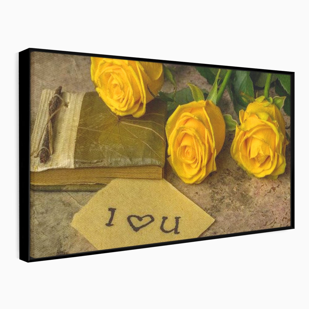 Tablou canvas cu tablou canvas cu trandafiri galbeni si jurnal, in rama de aluminiu negru