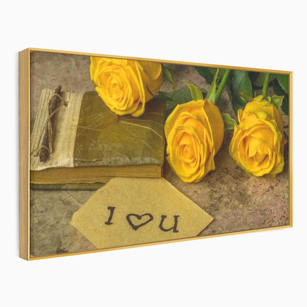 Tablou canvas cu tablou canvas cu trandafiri galbeni si jurnal, in rama de aluminiu auriu