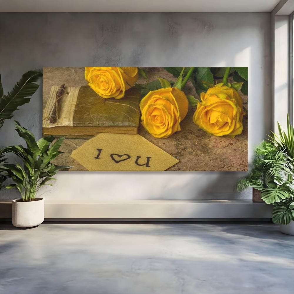 Tablou canvas cu tablou canvas cu trandafiri galbeni si jurnal, fara rama, pe sasiu de lemn