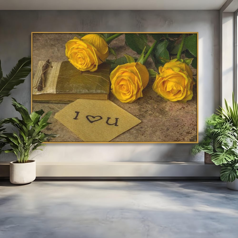 Tablou canvas cu tablou canvas cu trandafiri galbeni si jurnal, in rama de aluminiu auriu