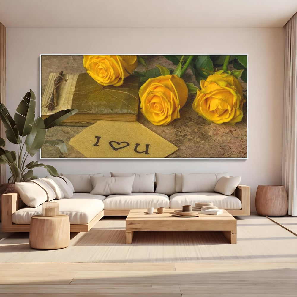Tablou canvas cu tablou canvas cu trandafiri galbeni si jurnal, in rama de aluminiu argintiu, pe perete intr-un living