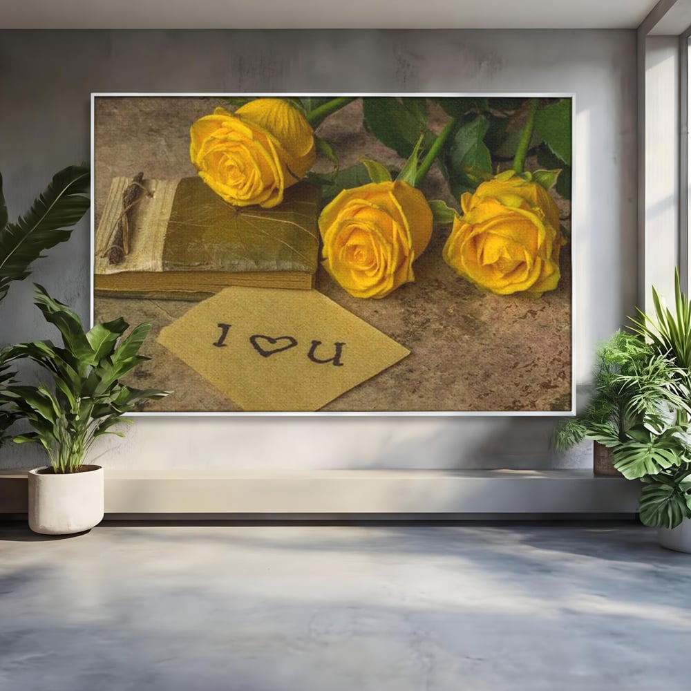 Tablou canvas cu tablou canvas cu trandafiri galbeni si jurnal, in rama de aluminiu argintiu