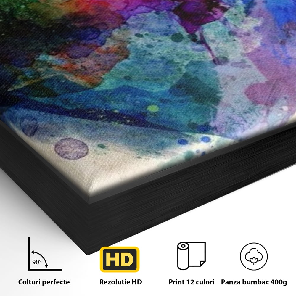 Detaliu al suprafetei: tablou canvas cu inima colorata, in rama de aluminiu negru