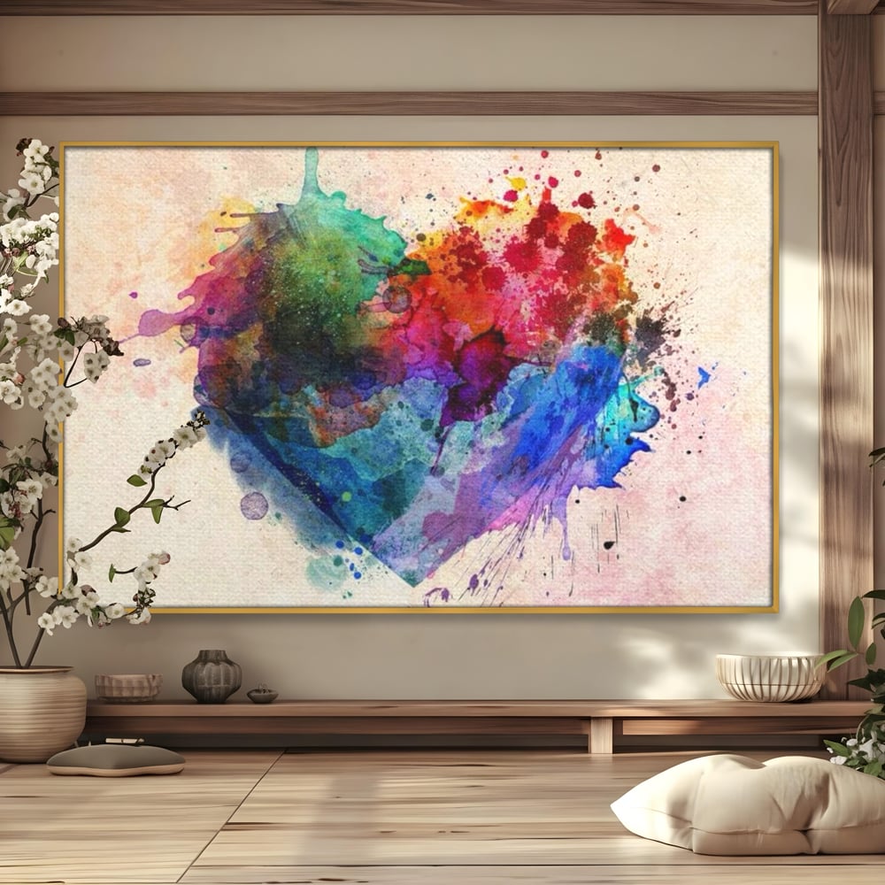 Tablou canvas cu tablou canvas cu inima colorata, in rama de aluminiu auriu