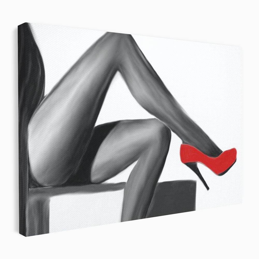 Tablou canvas cu illustratie alb negru cu picioare si pantof rosu, fara rama, pe sasiu de lemn
