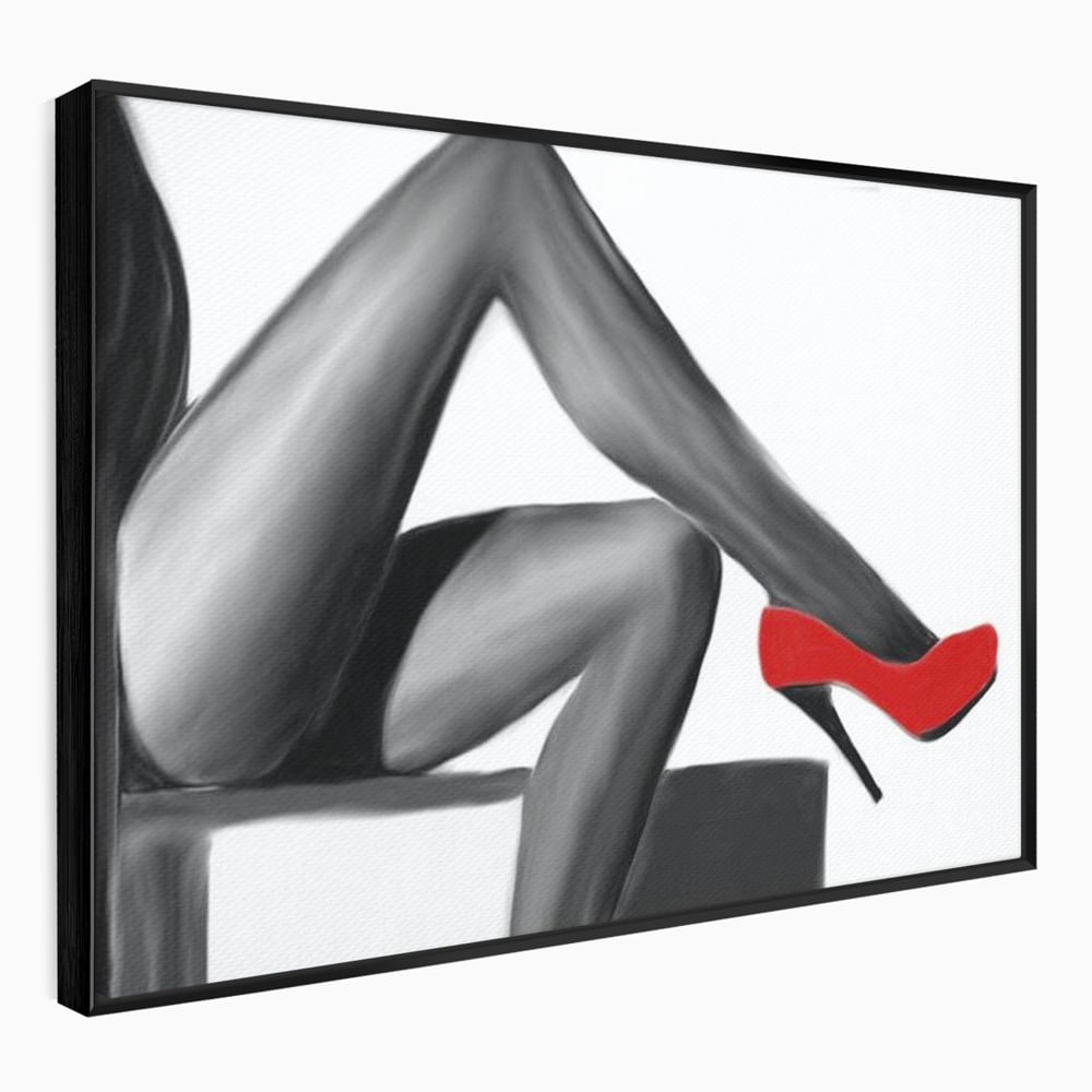 Tablou canvas cu illustratie alb negru cu picioare si pantof rosu, in rama de aluminiu negru