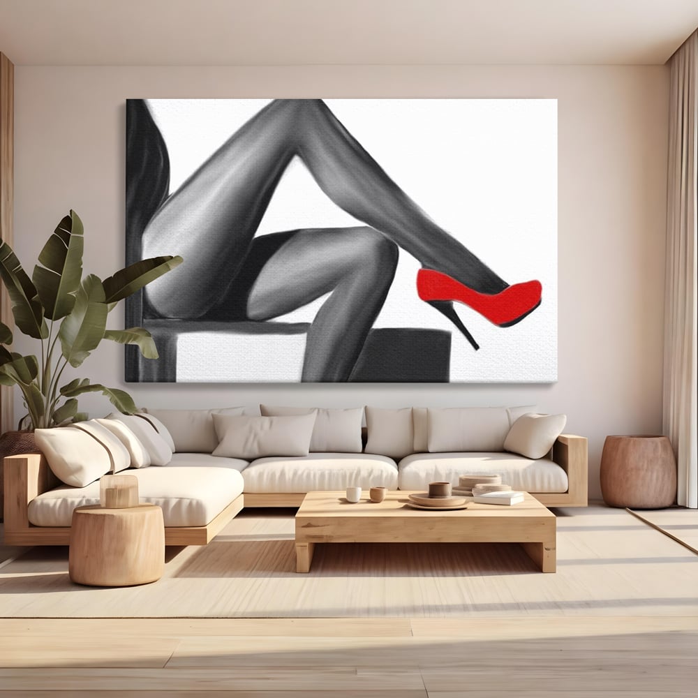 Tablou canvas cu illustratie alb negru cu picioare si pantof rosu, fara rama, pe sasiu de lemn, pe perete intr-un living