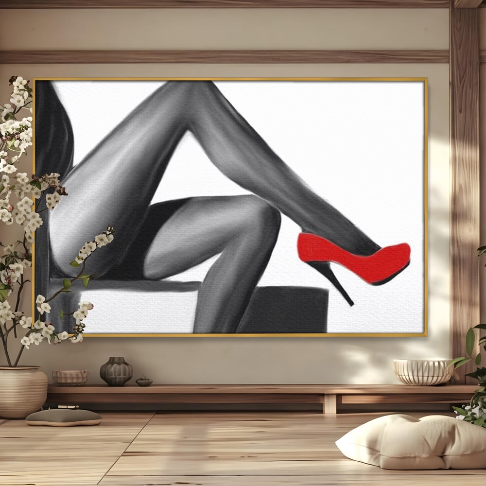 Tablou canvas cu illustratie alb negru cu picioare si pantof rosu, in rama de aluminiu auriu
