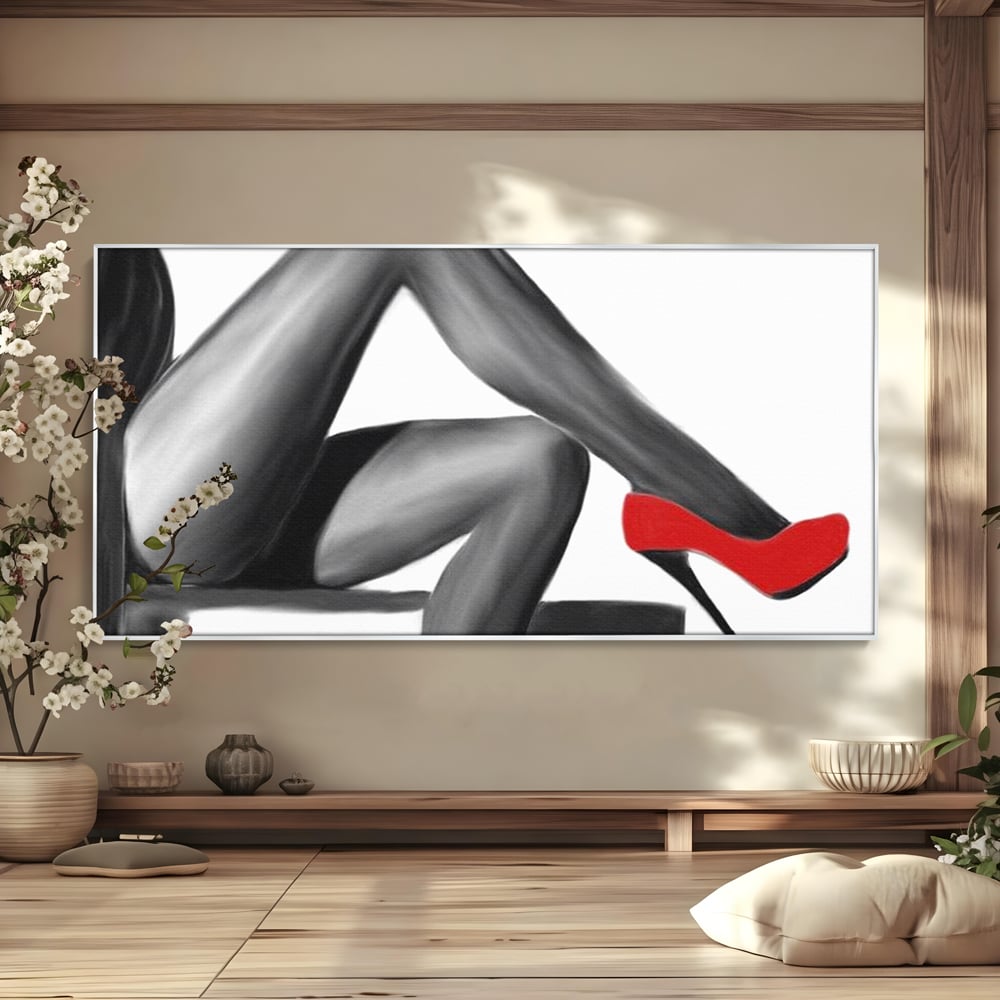 Tablou canvas cu illustratie alb negru cu picioare si pantof rosu, in rama de aluminiu argintiu